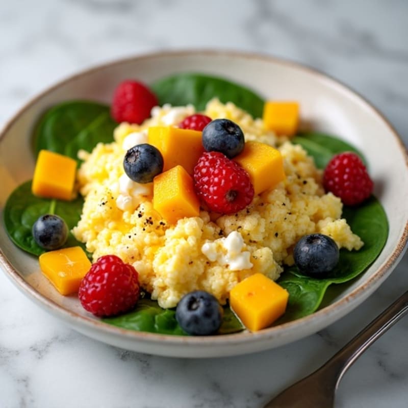 High-Protein Cottage Cheese Scramble with Sweet Berries and Mango