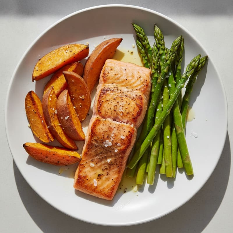 Seared Salmon Fillet with Roasted Sweet Potatoes and Asparagus