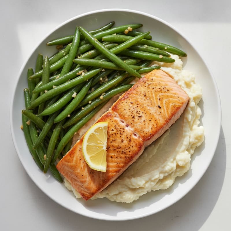 Seared Salmon with Garlic Green Beans and Cauliflower Mash