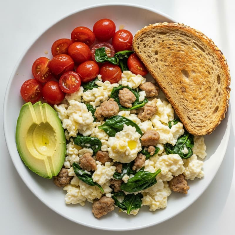 Egg White and Turkey Sausage Scramble with Spinach and Cherry Tomatoes