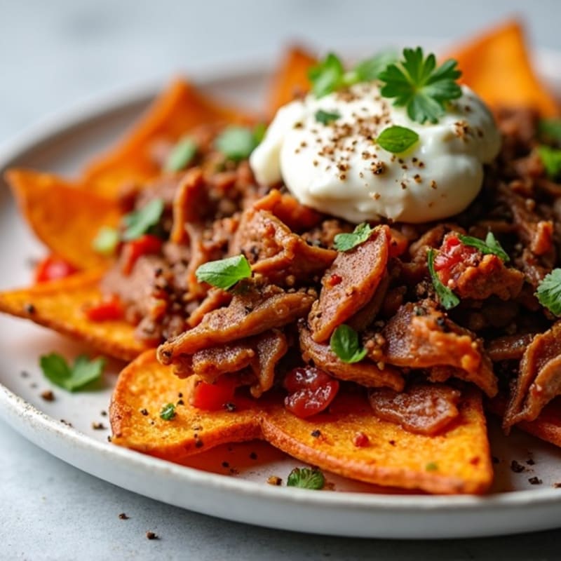 Smoky Pulled Pork Crispy Sweet Potato Nachos