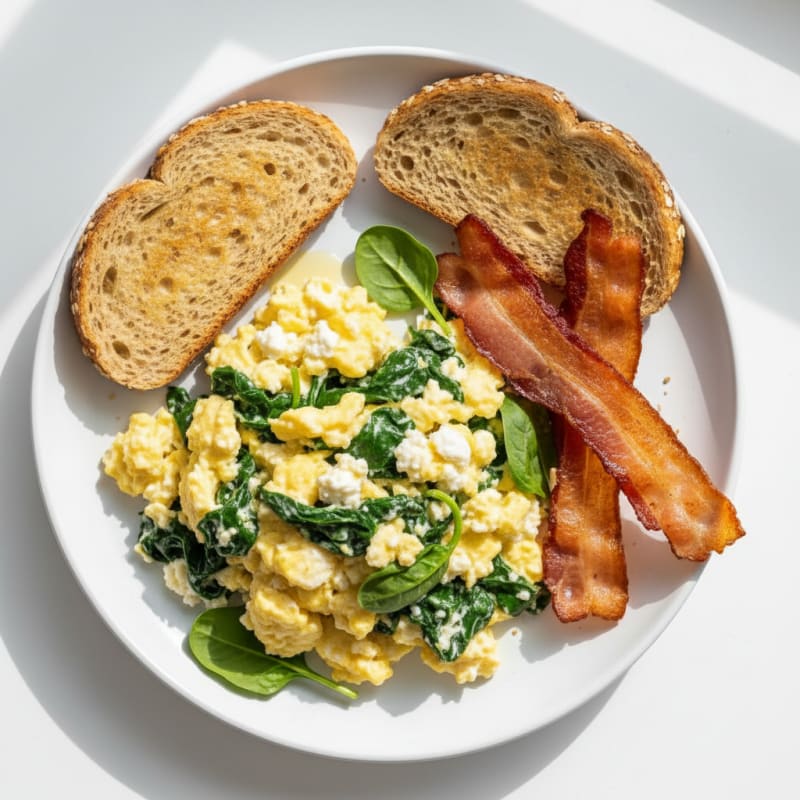 Cottage Cheese Egg Scramble with Spinach and Turkey Bacon