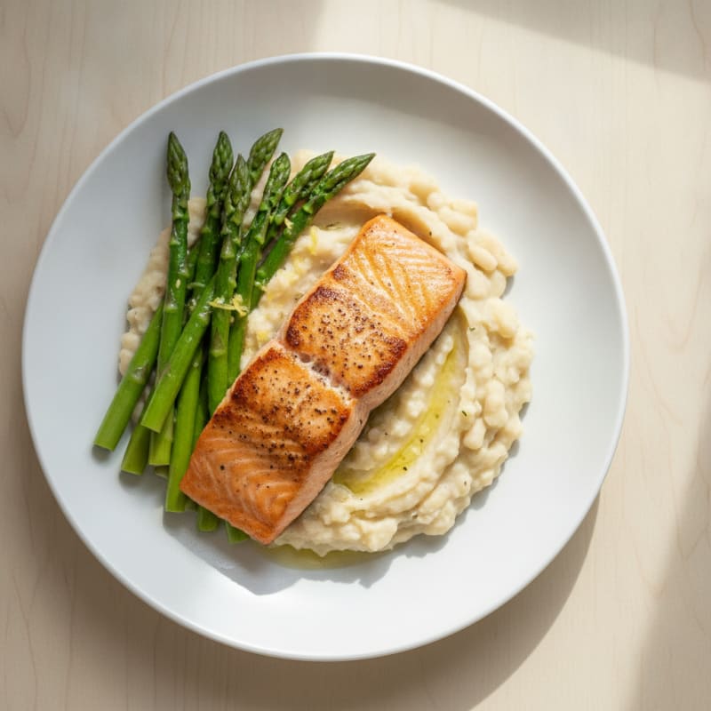 Seared Salmon Fillet with Creamy White Bean Mash and Steamed Asparagus