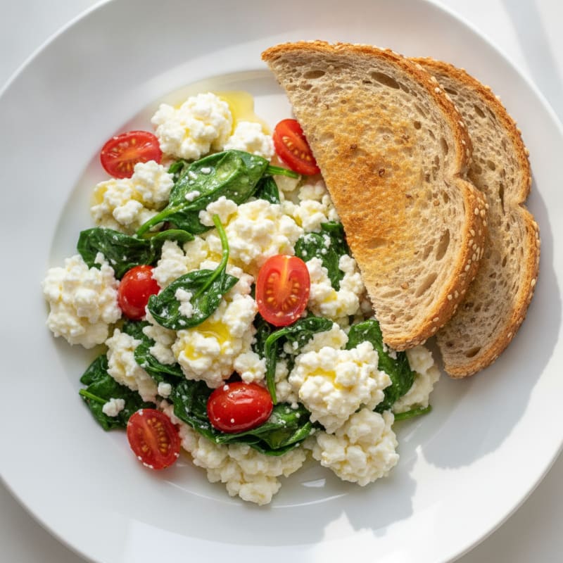 Cottage Cheese Egg White Scramble with Spinach and Cherry Tomatoes