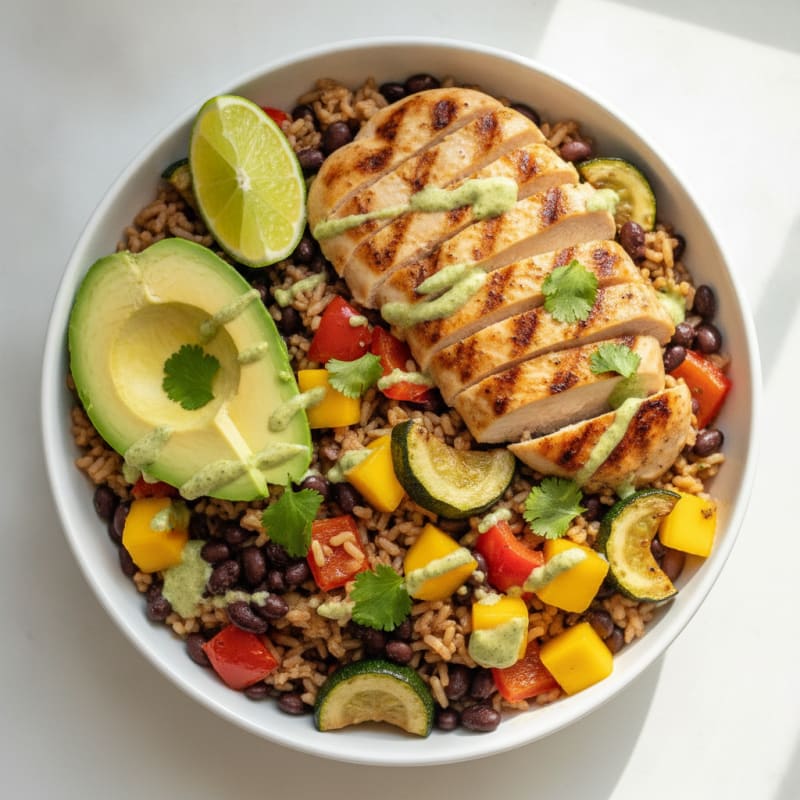 Grilled Chicken and Black Bean Rice Bowl with Roasted Vegetables