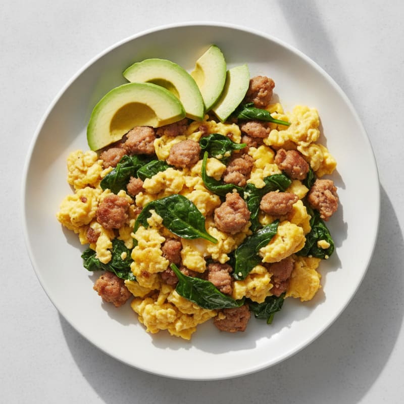 Scrambled Eggs with Turkey Sausage and Sautéed Spinach