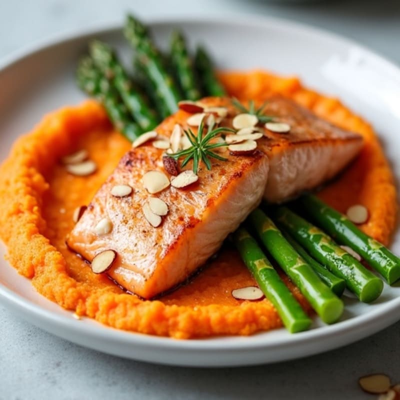 Seared Salmon with Roasted Asparagus and Sweet Potato Mash