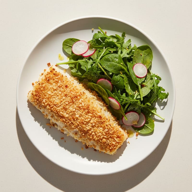 Crispy Baked Fish Fillet with Fresh Greens Salad