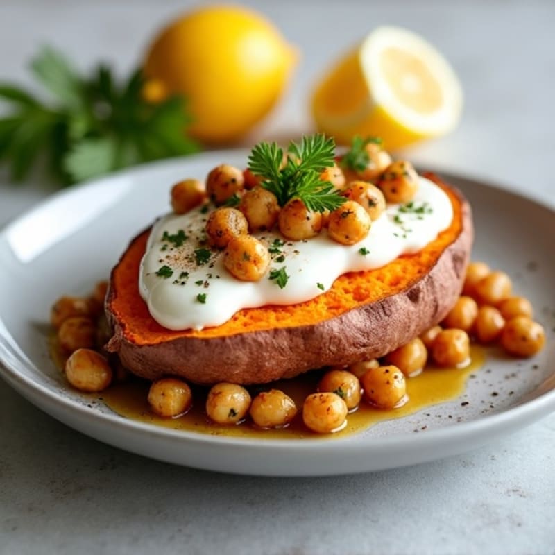 Herb-Roasted Sweet Potato with Greek Yogurt and Crispy Chickpeas