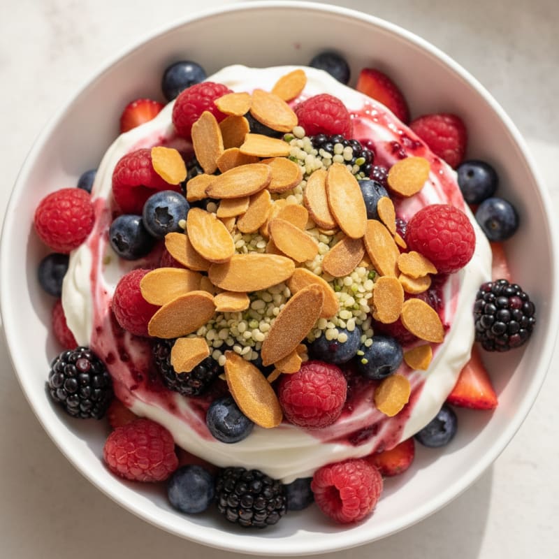 Greek Yogurt Protein Parfait with Mixed Berries and Almonds