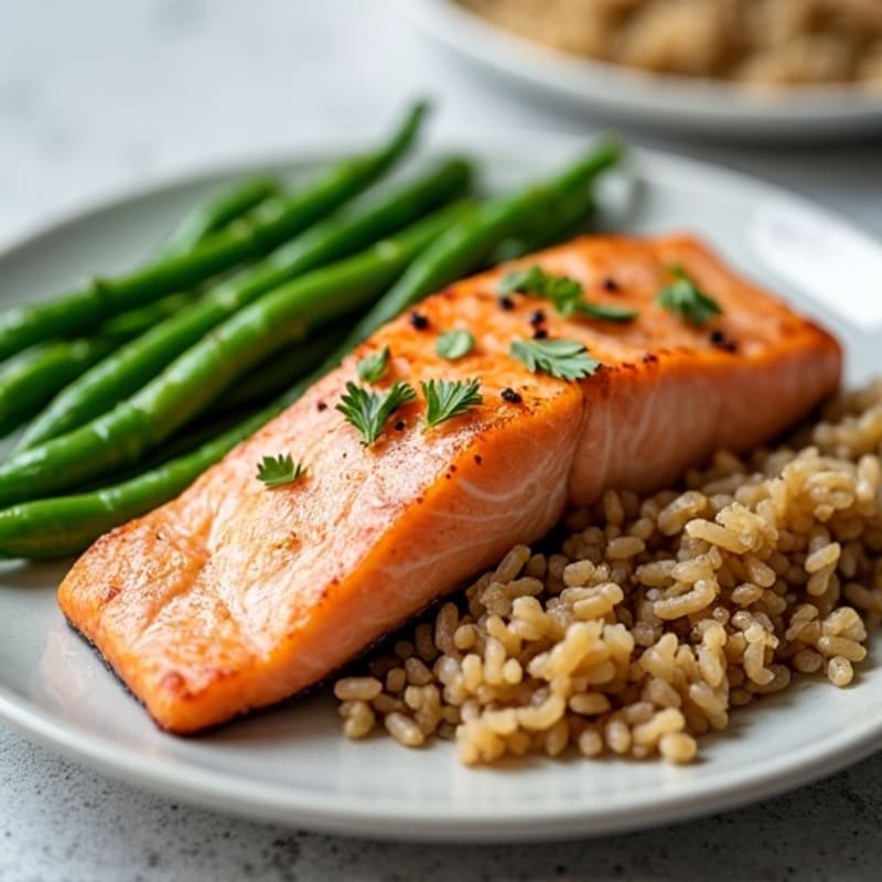 Seared Salmon with Steamed Green Beans and Brown Rice