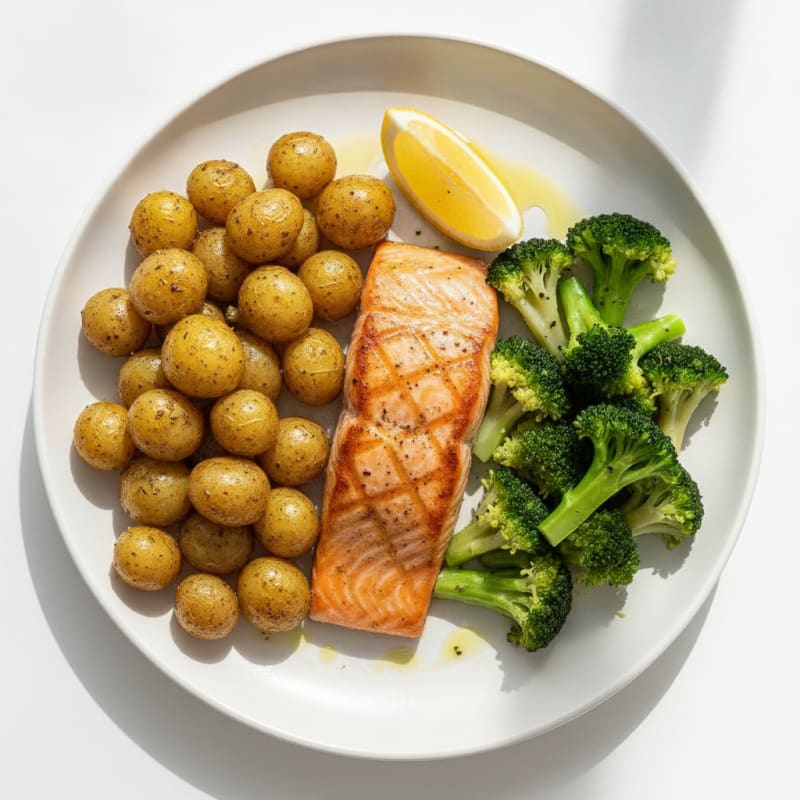 Seared Salmon with Herb-Roasted Fingerling Potatoes and Steamed Broccoli