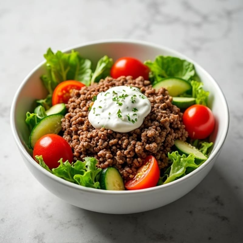 Lean Ground Beef Bowl with Fresh Greens and Creamy Tangy Dressing