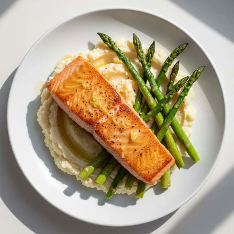 Seared Salmon Fillet with Roasted Asparagus and Cauliflower Mash