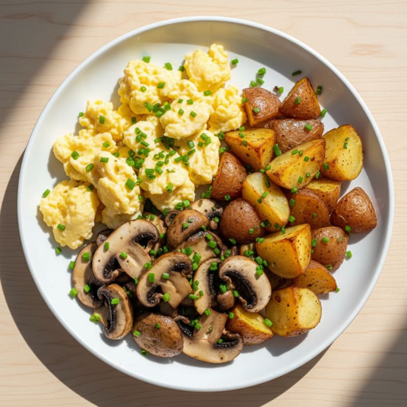 Scrambled Eggs with Sautéed Mushrooms and Roasted Potatoes