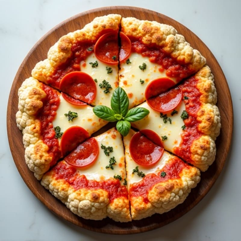 Cauliflower Crust Pizza with Turkey Pepperoni and Melted Mozzarella