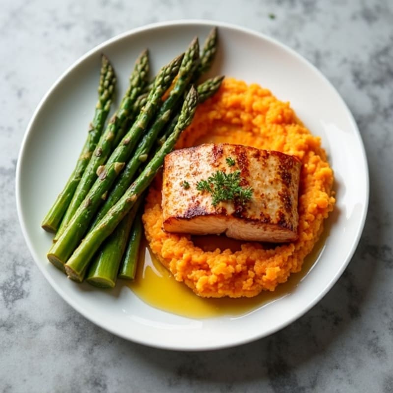 Seared Salmon Fillet with Roasted Asparagus and Sweet Potato Mash
