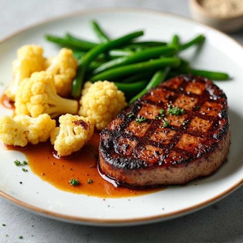 Seared Lean Beef Steak with Roasted Cauliflower and Garlic Green Beans