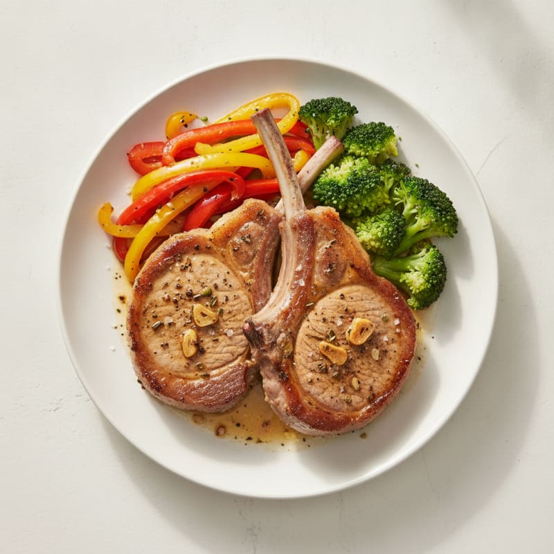 Pan-Seared Veal Chops with Sweet Peppers and Broccoli