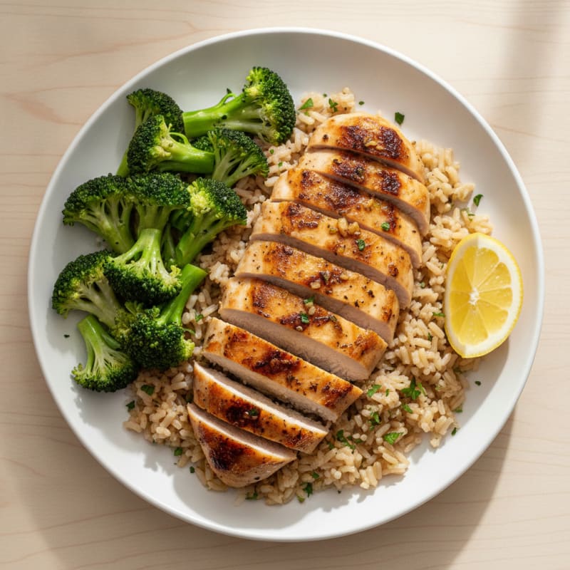 Seared Chicken Breast with Herb Rice and Steamed Broccoli