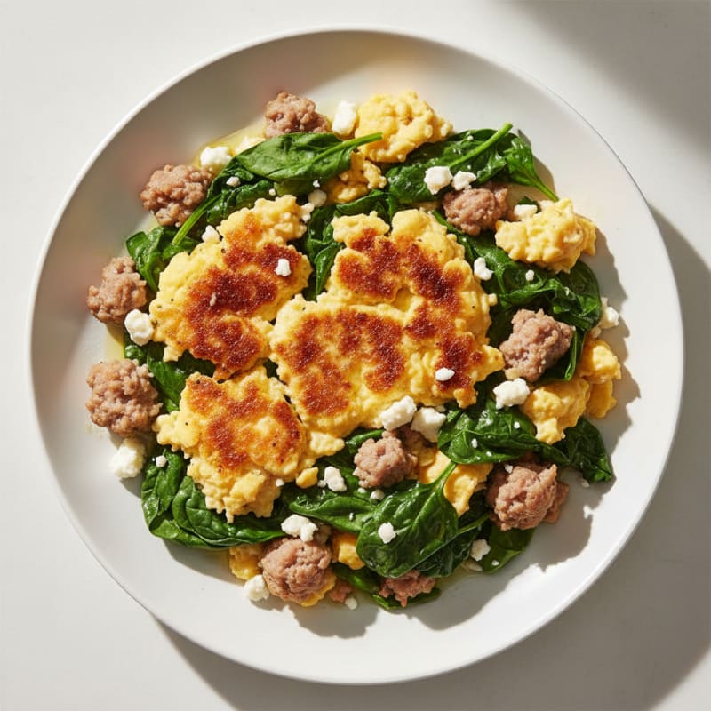 Crispy Egg and Turkey Sausage Scramble with Spinach