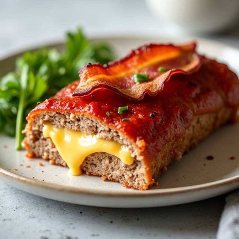 Cheesy Stuffed Lean Turkey Meatloaf with Crispy Turkey Bacon
