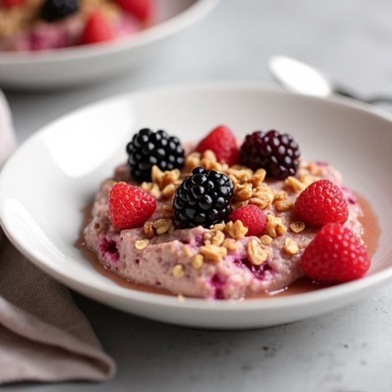 Creamy Vanilla Protein Baked Oats with Berry Swirl and Toasted Walnuts
