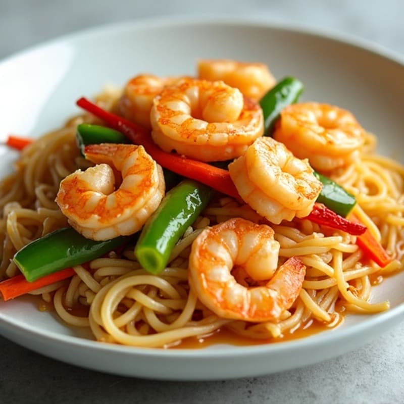 Shrimp and Rice Noodle Stir-Fry with Creamy Peanut Sauce and Crunchy Veggies