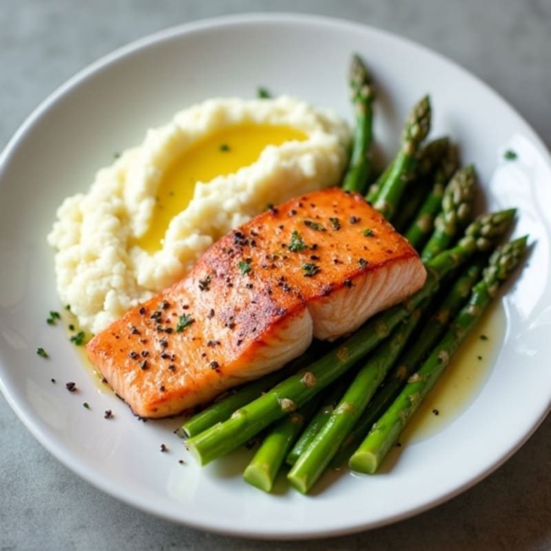 Seared Salmon with Steamed Asparagus and Cauliflower Mash