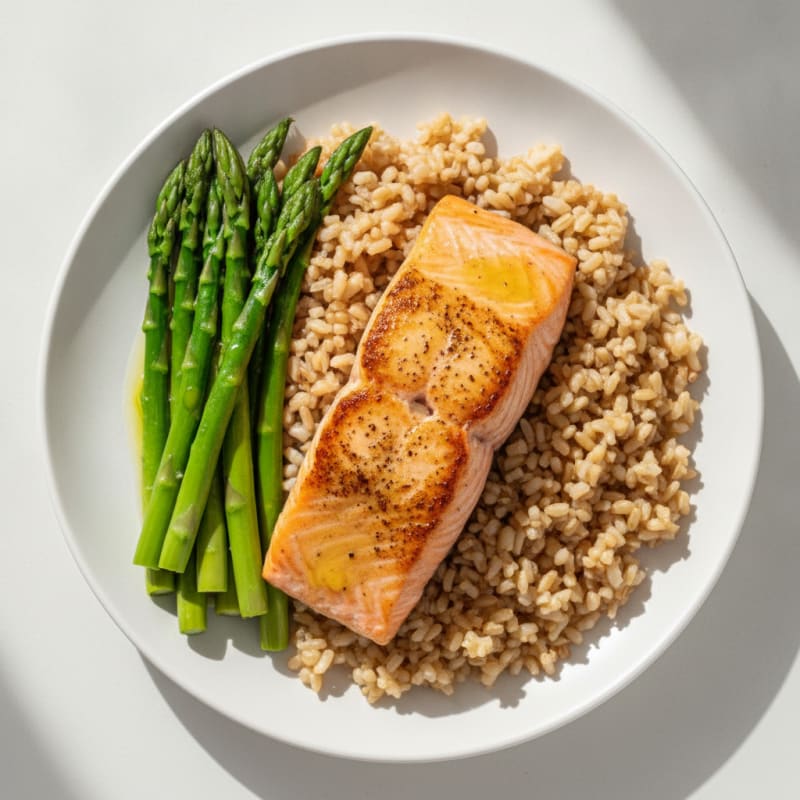 Seared Salmon Fillet with Steamed Asparagus and Brown Rice