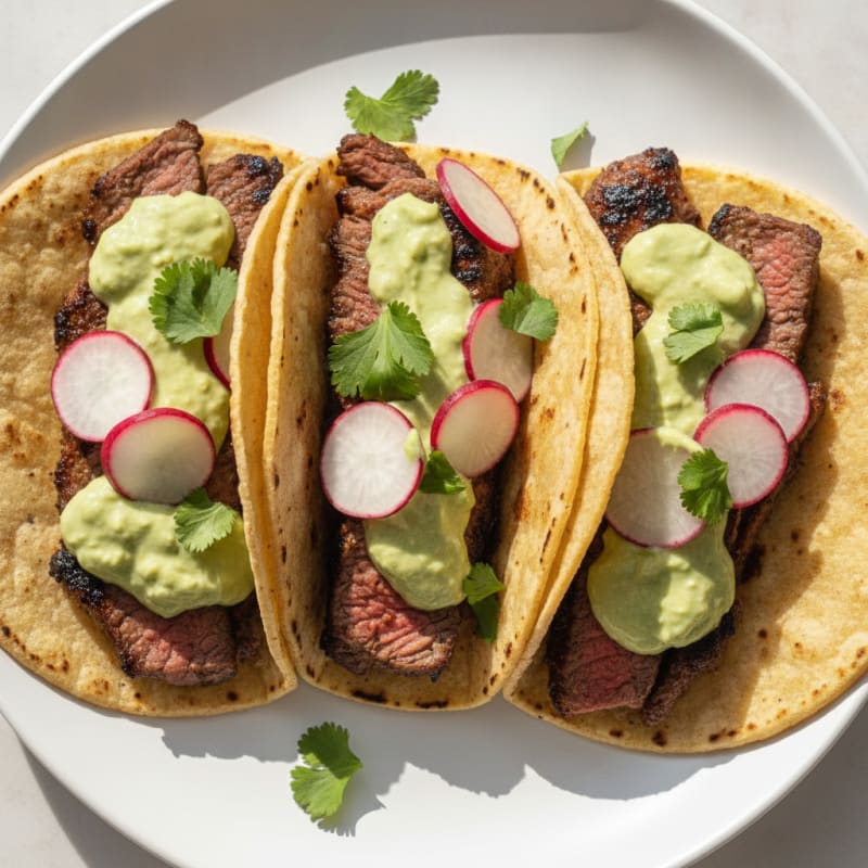 Carne Asada Tacos with Avocado Crema