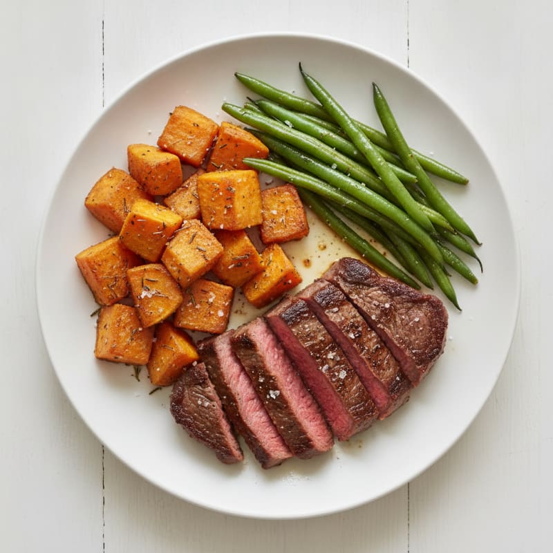 Seared Steak with Herb-Roasted Sweet Potatoes and Steamed Green Beans