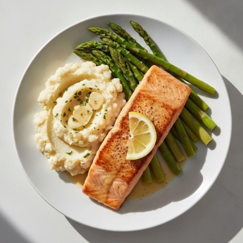Seared Salmon with Steamed Asparagus and Garlic Mashed Cauliflower
