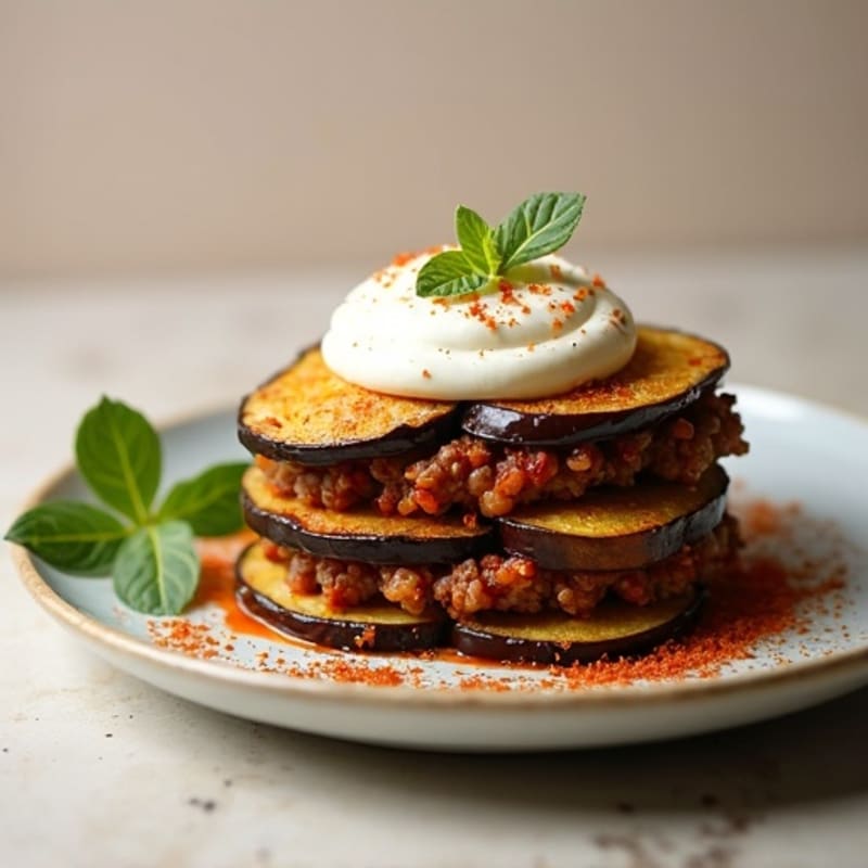 Lean Ground Lamb and Roasted Eggplant Layers with Creamy Cauliflower Topping