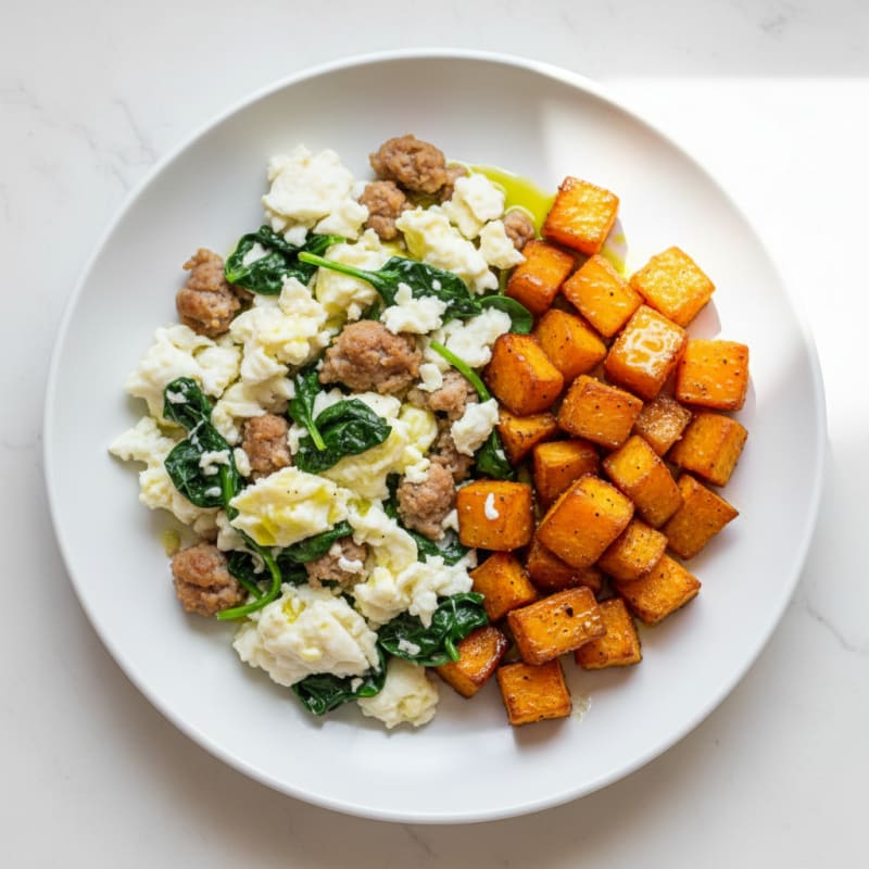 Egg White and Turkey Sausage Scramble with Spinach and Roasted Sweet Potato