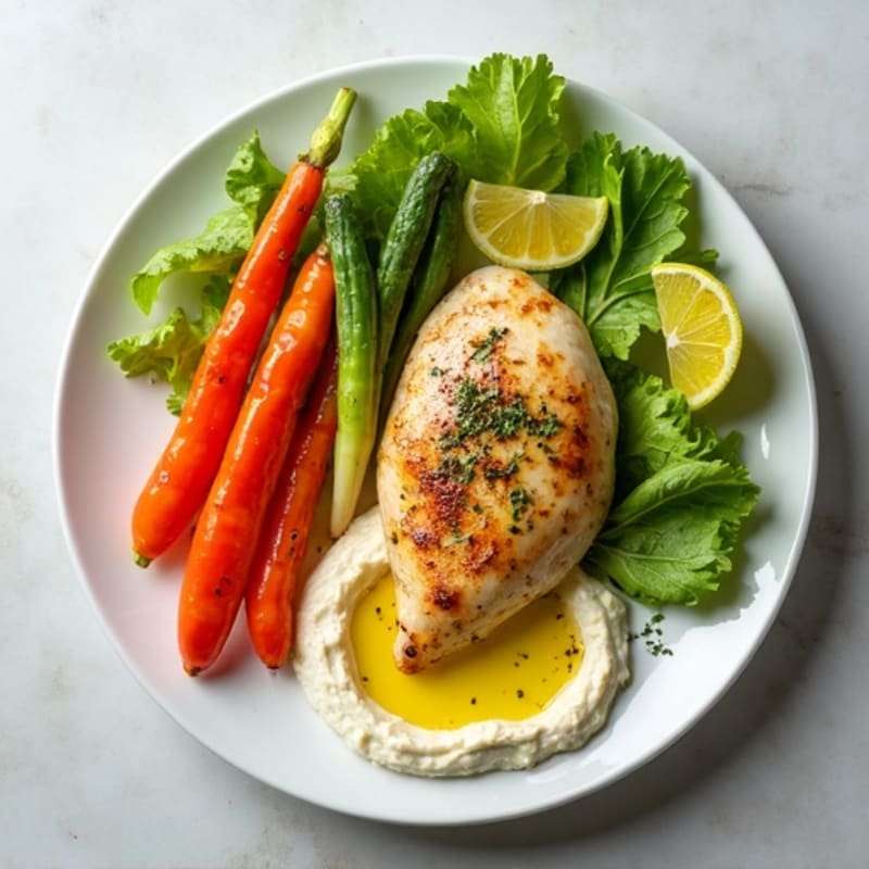 Creamy Lemon Hummus with Fresh Vegetables and Herb-Roasted Chicken