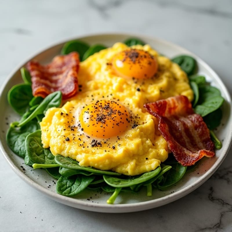 Fluffy Scrambled Eggs with Fresh Spinach and Crispy Turkey Bacon