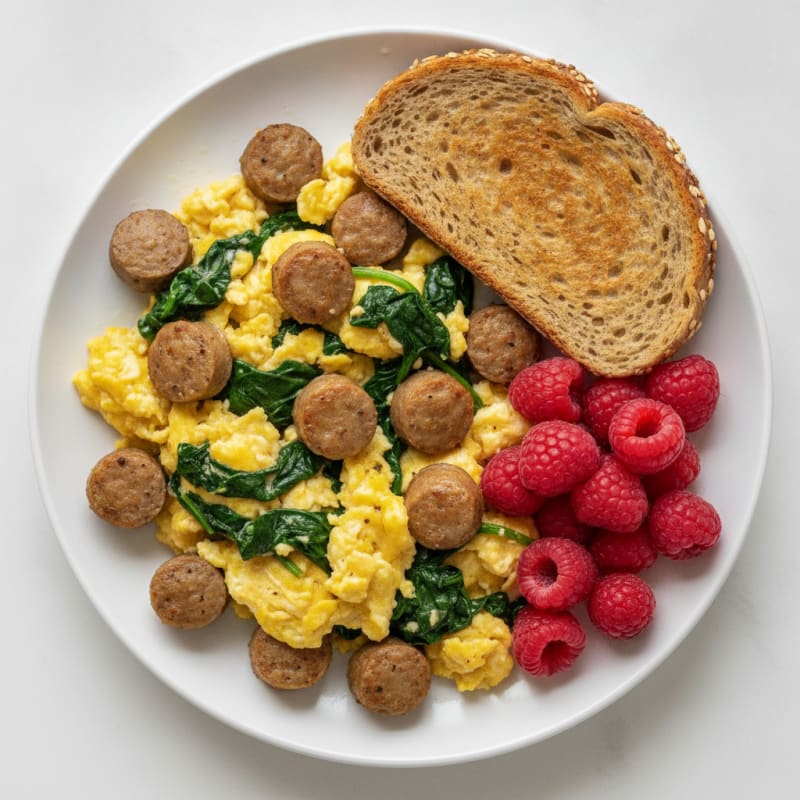 Scrambled Eggs with Turkey Sausage and Sautéed Spinach