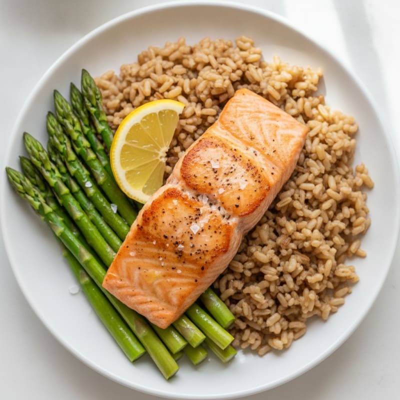 Seared Salmon with Steamed Asparagus and Brown Rice