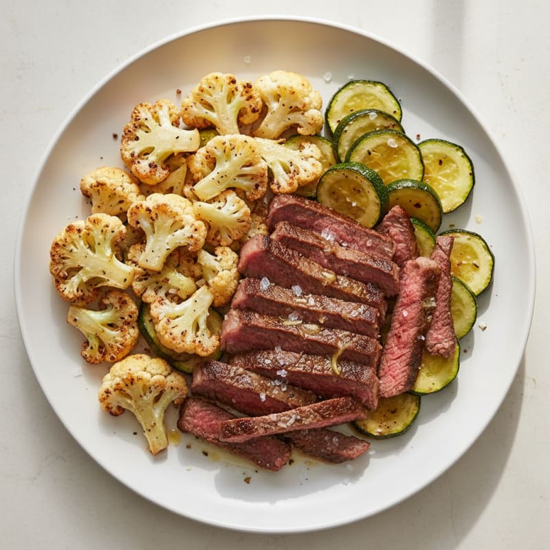 Seared Lean Beef Strips with Roasted Cauliflower and Zucchini