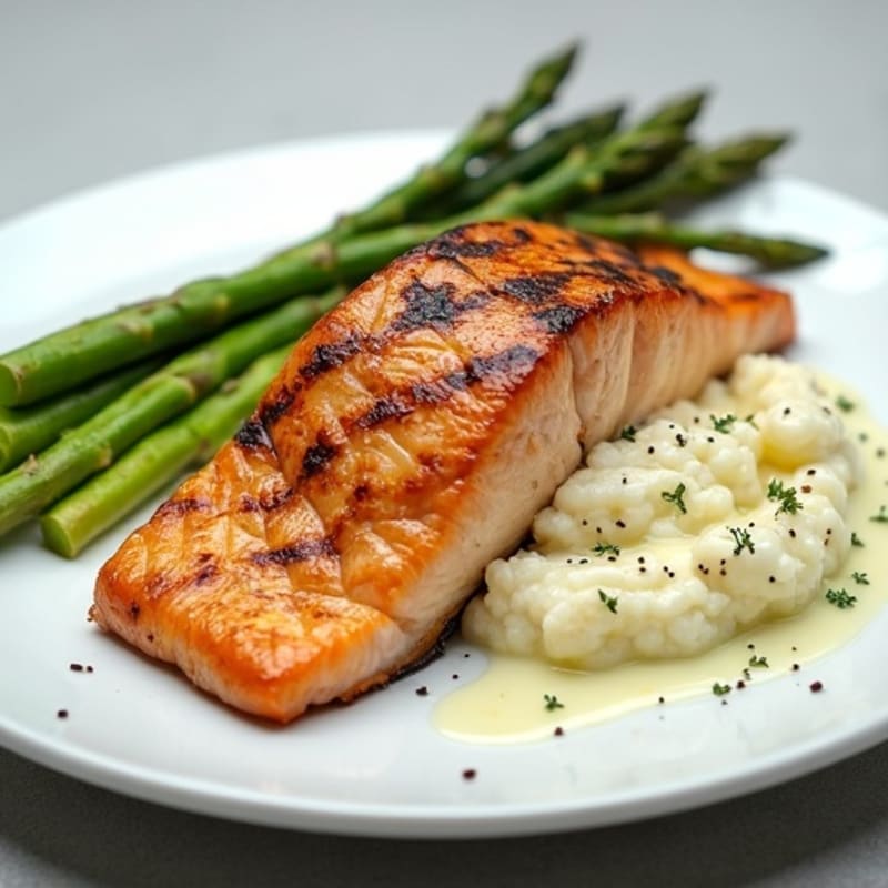 Seared Salmon with Roasted Asparagus, Cauliflower Mash & Lemon-Dill Greek Yogurt Sauce