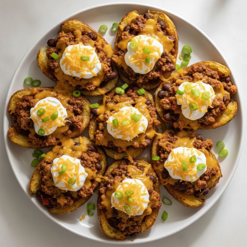Chili Cheese Baked Potato Skins