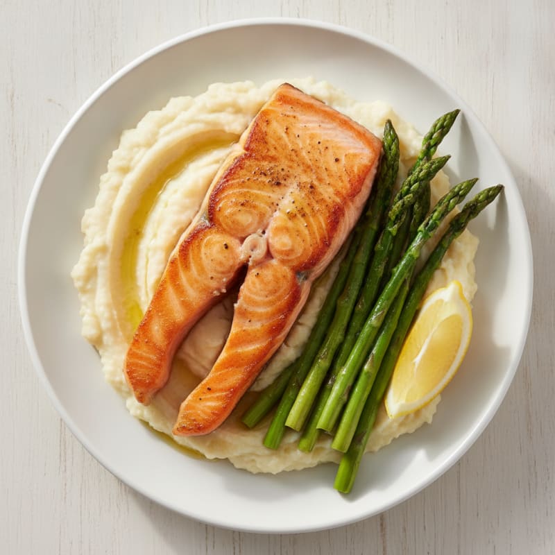 Seared Salmon Fillet with Roasted Asparagus and Cauliflower Mash