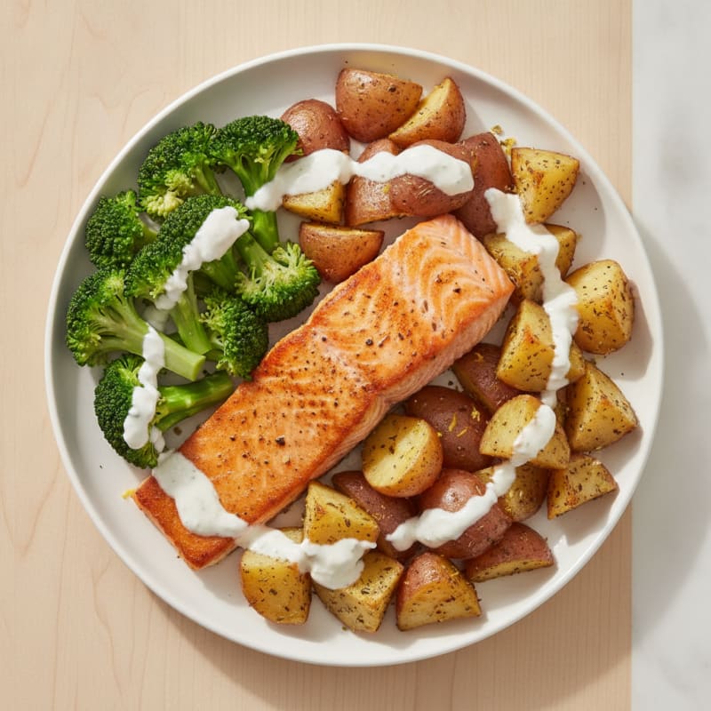 Seared Salmon with Lemon Roasted Potatoes and Steamed Broccoli