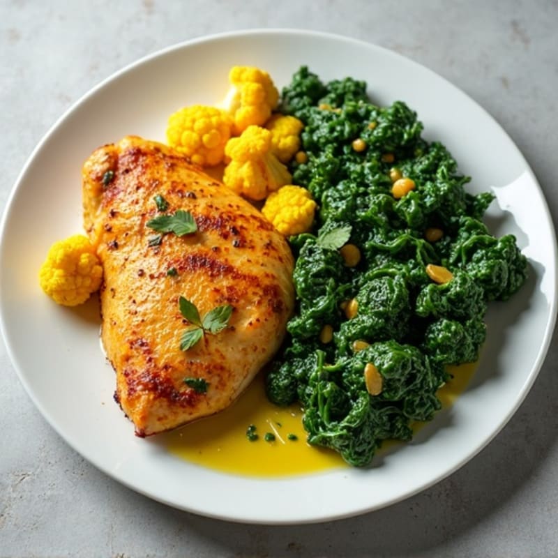 Turmeric-Spiced Chicken with Creamy Spinach and Roasted Cauliflower