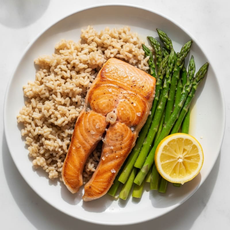 Seared Salmon Fillet with Steamed Asparagus and Brown Rice