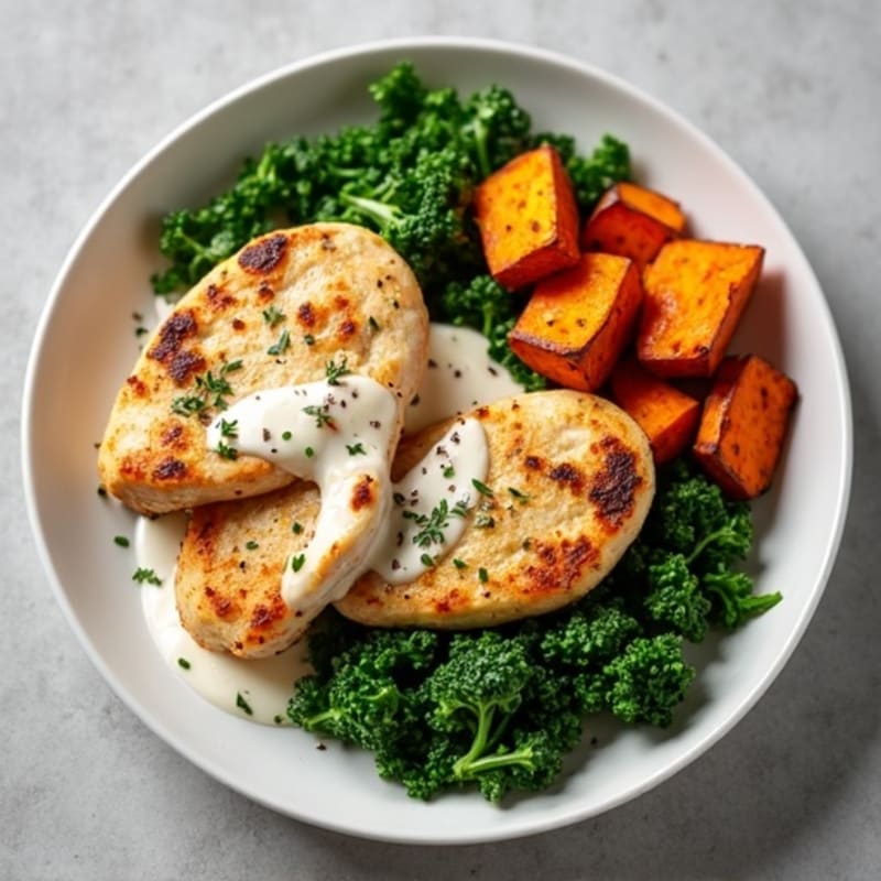 Creamy Coconut Chicken with Roasted Sweet Potatoes and Greens
