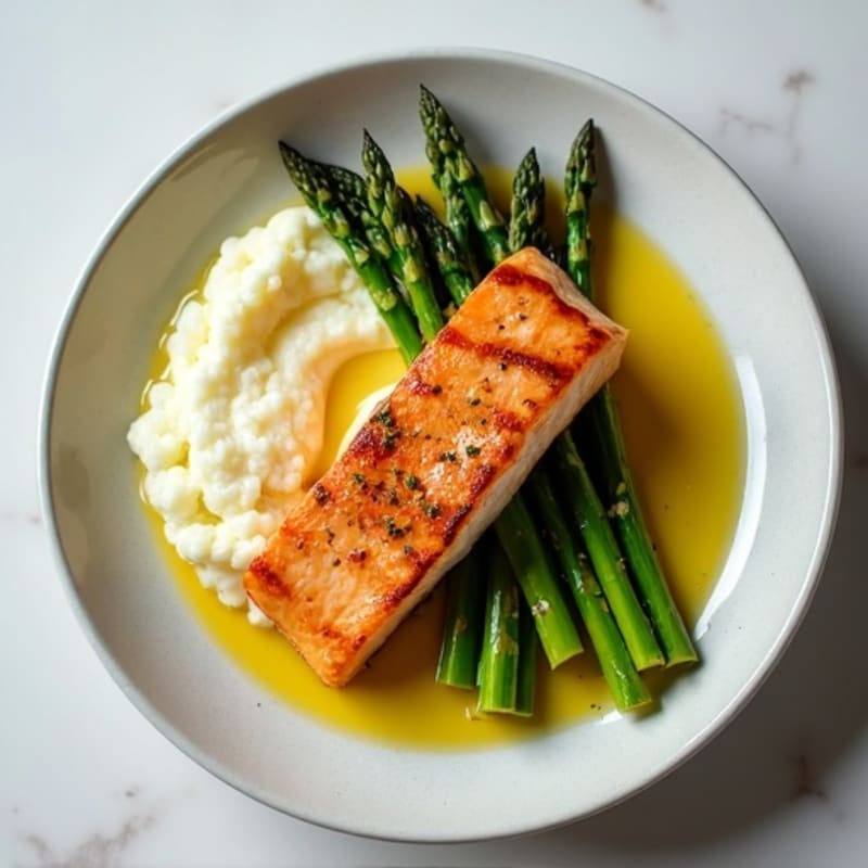 Seared Salmon with Steamed Asparagus and Cauliflower Mash