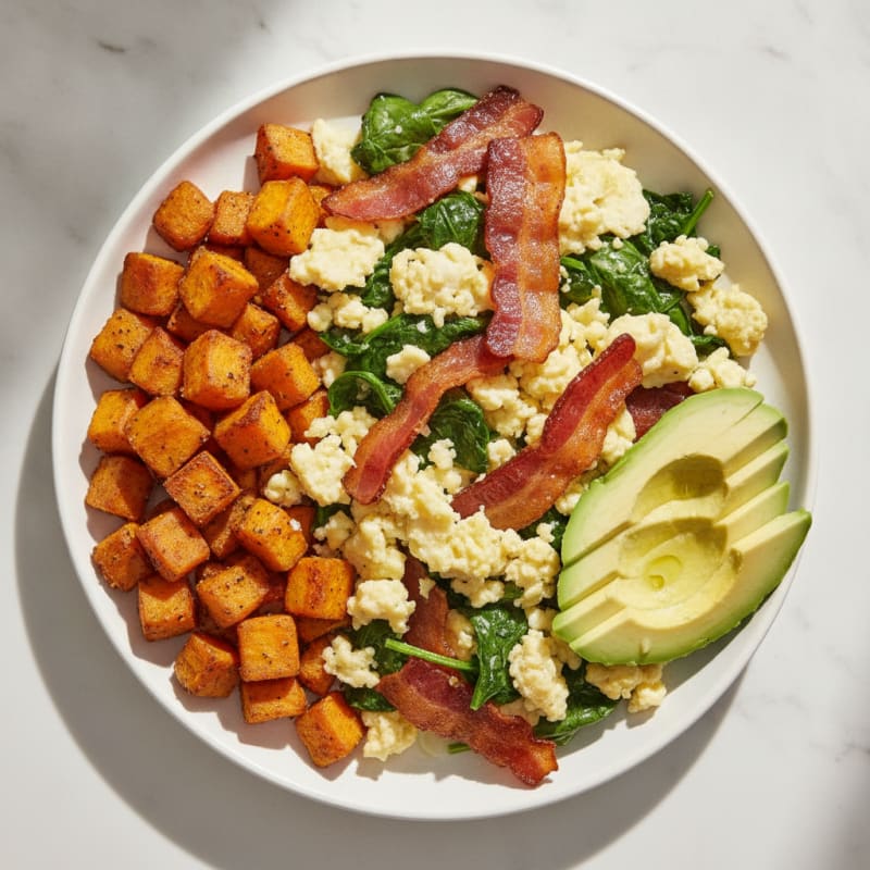 Crispy Turkey Bacon and Egg White Scramble with Sautéed Spinach