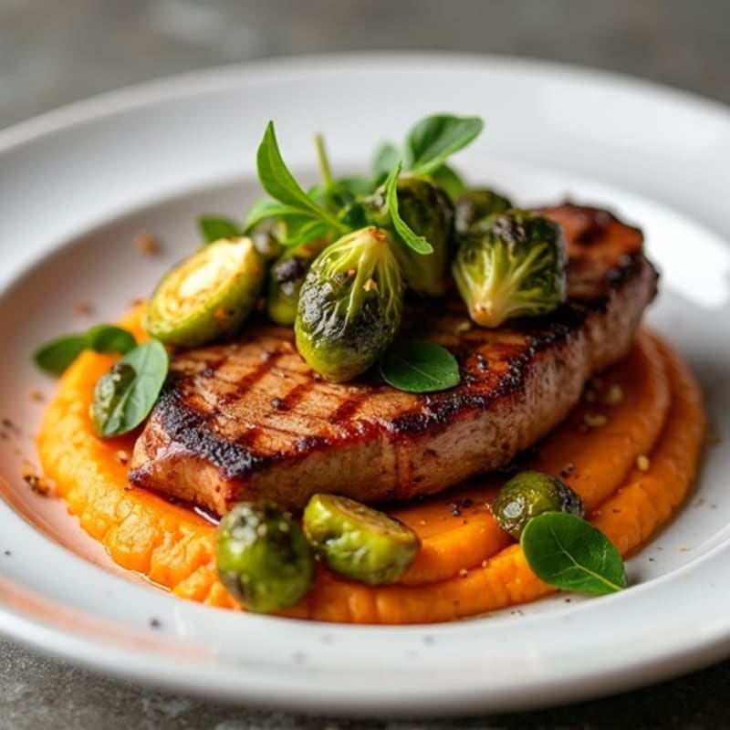 Pan-Seared Duck Breast with Crispy Brussels Sprouts and Silky Sweet Potato Puree